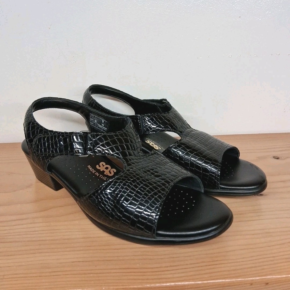 SAS Suntimer Black Croc‎ Embossed Leather Slingback Heel Strap Sandals Sz 9 W
